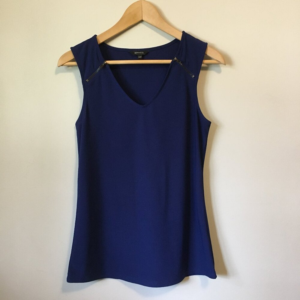 RW&CO. Dark True Blue V-Neck Tank Top Zipper Shoulder Detail XS